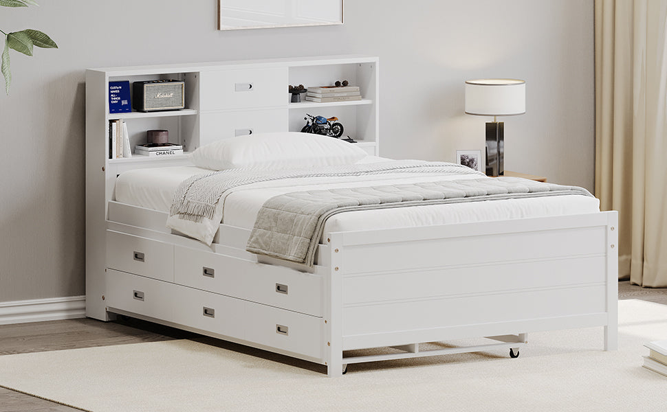 White Twin Platform Bed with Trundle, Drawers, and Storage Headboard