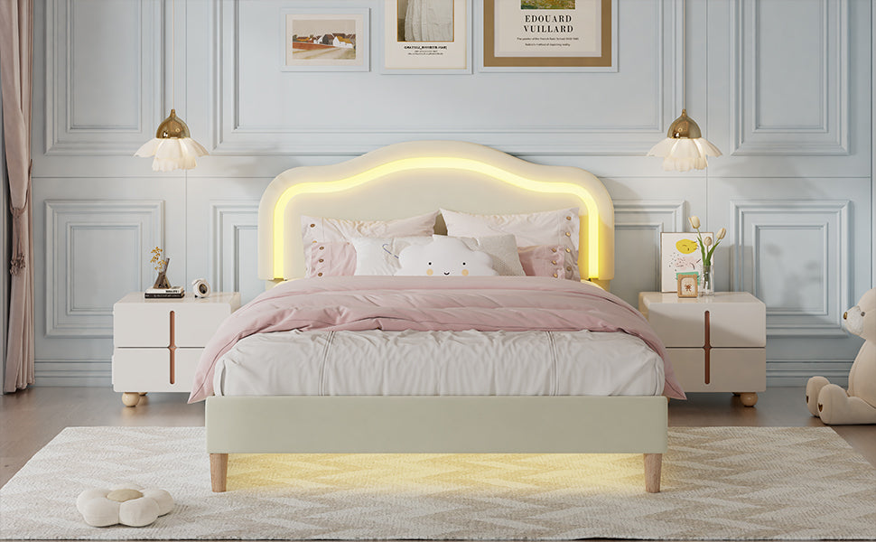 Twin Bed Frame with Adjustable LED Lights and Beige Velvet Upholstery