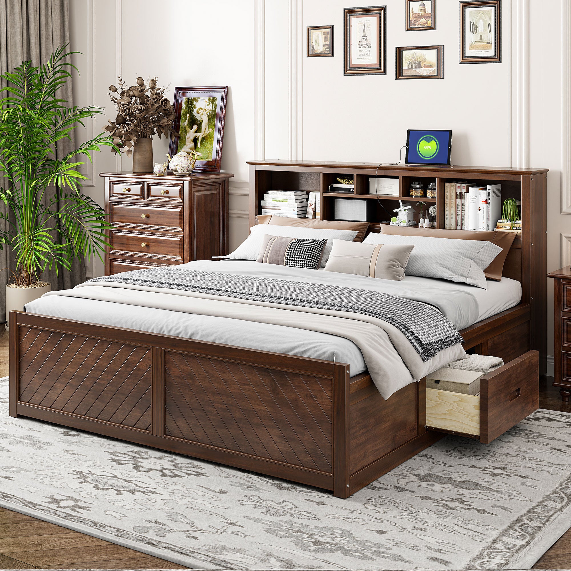 King Size Wood Platform Bed with Multi-Storage Headboard and USB Ports In Antique Wood Color