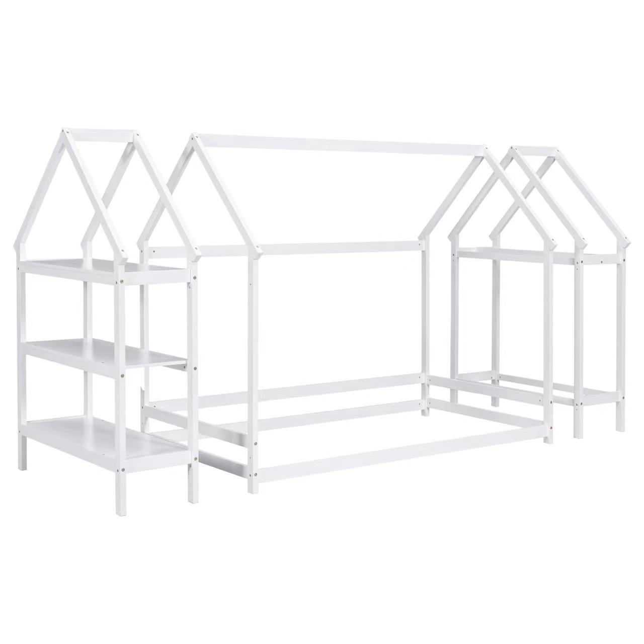 Twin Size Wood House-Shaped Floor Bed with Storage Shelf and Hanger in White