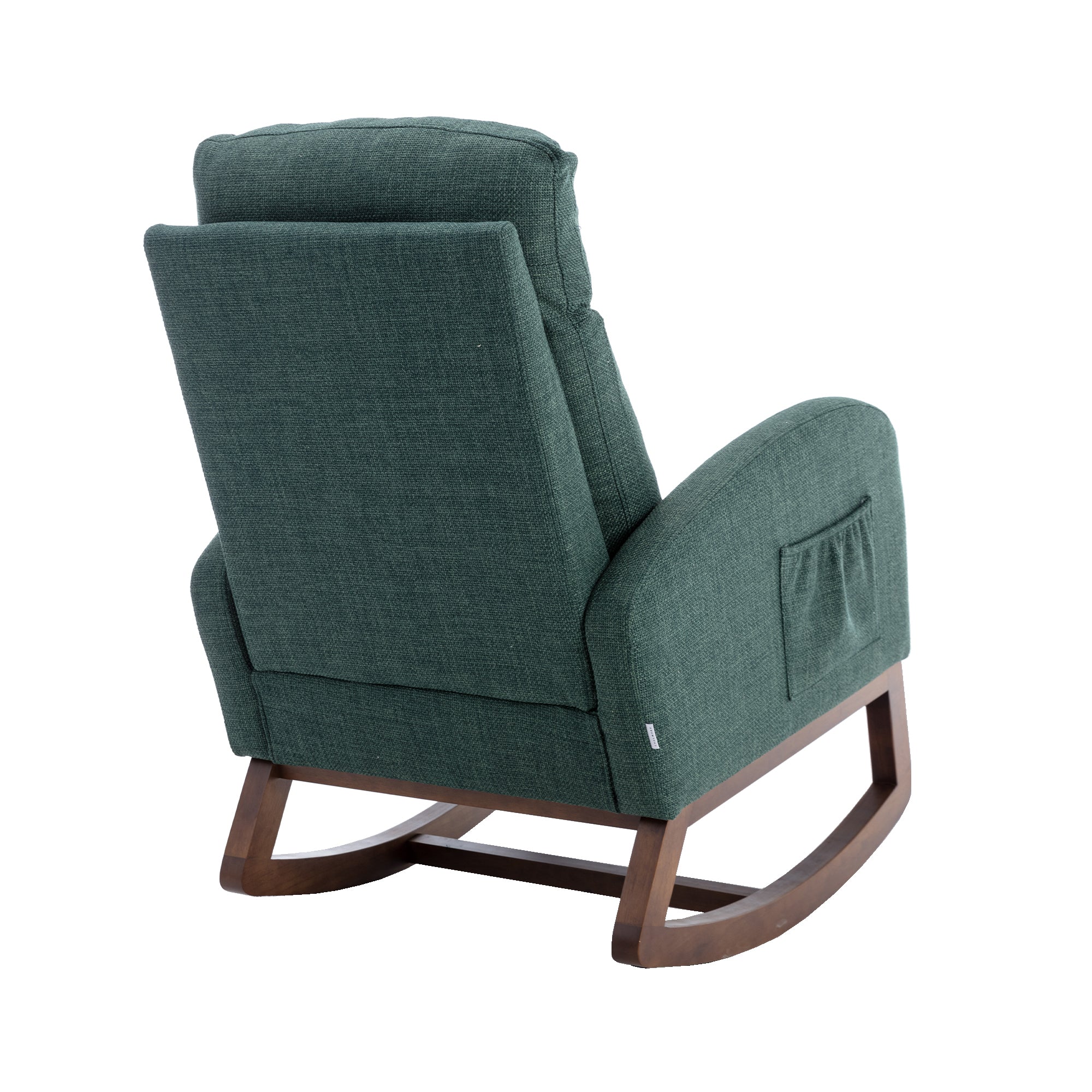 Modern Glider Rocking Chair with Side Pocket and High Back in Emerald Linen