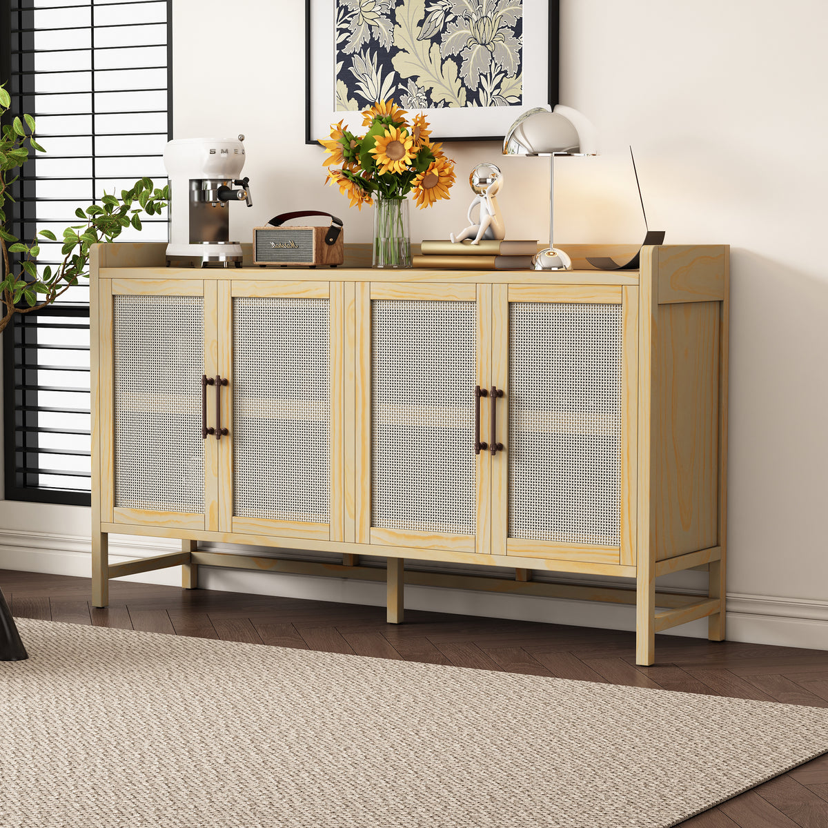 Rustic Buffet Cabinet with Rattan Doors and Storage in Natural