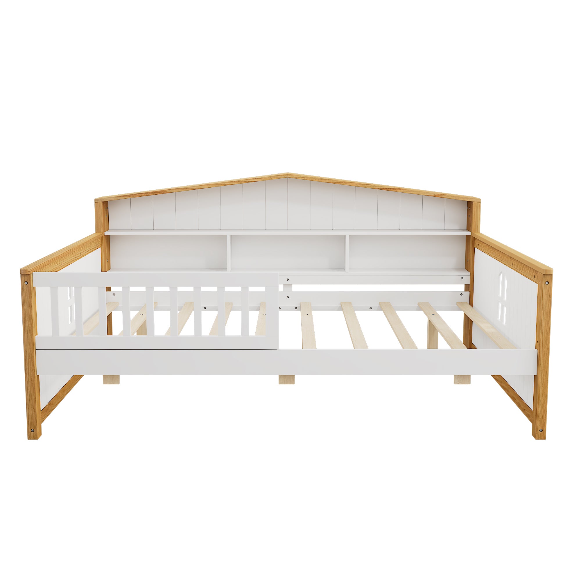 Full Size Safety Bed Frame with Trundle and Integrated Bookcase Headboard