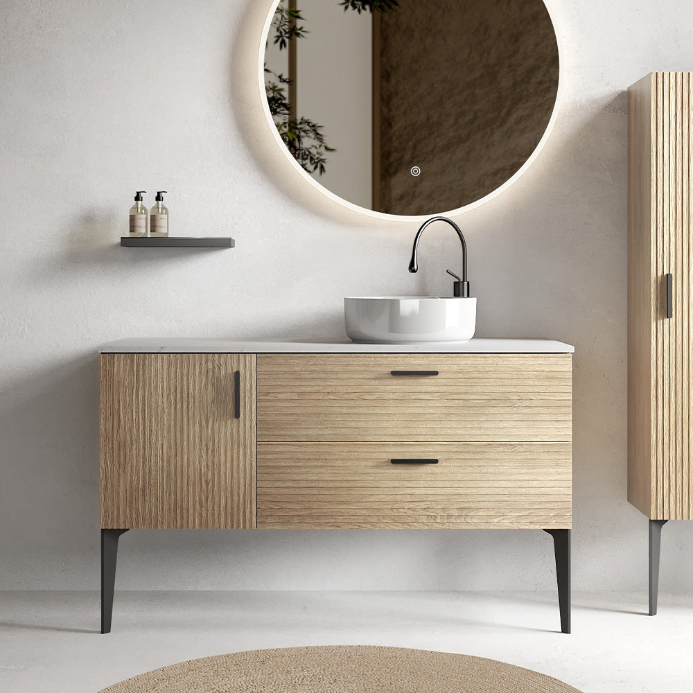 Striped Natural Oak Bathroom Vanity with Sink Freestanding Cabinet for Modern Spaces In Oak