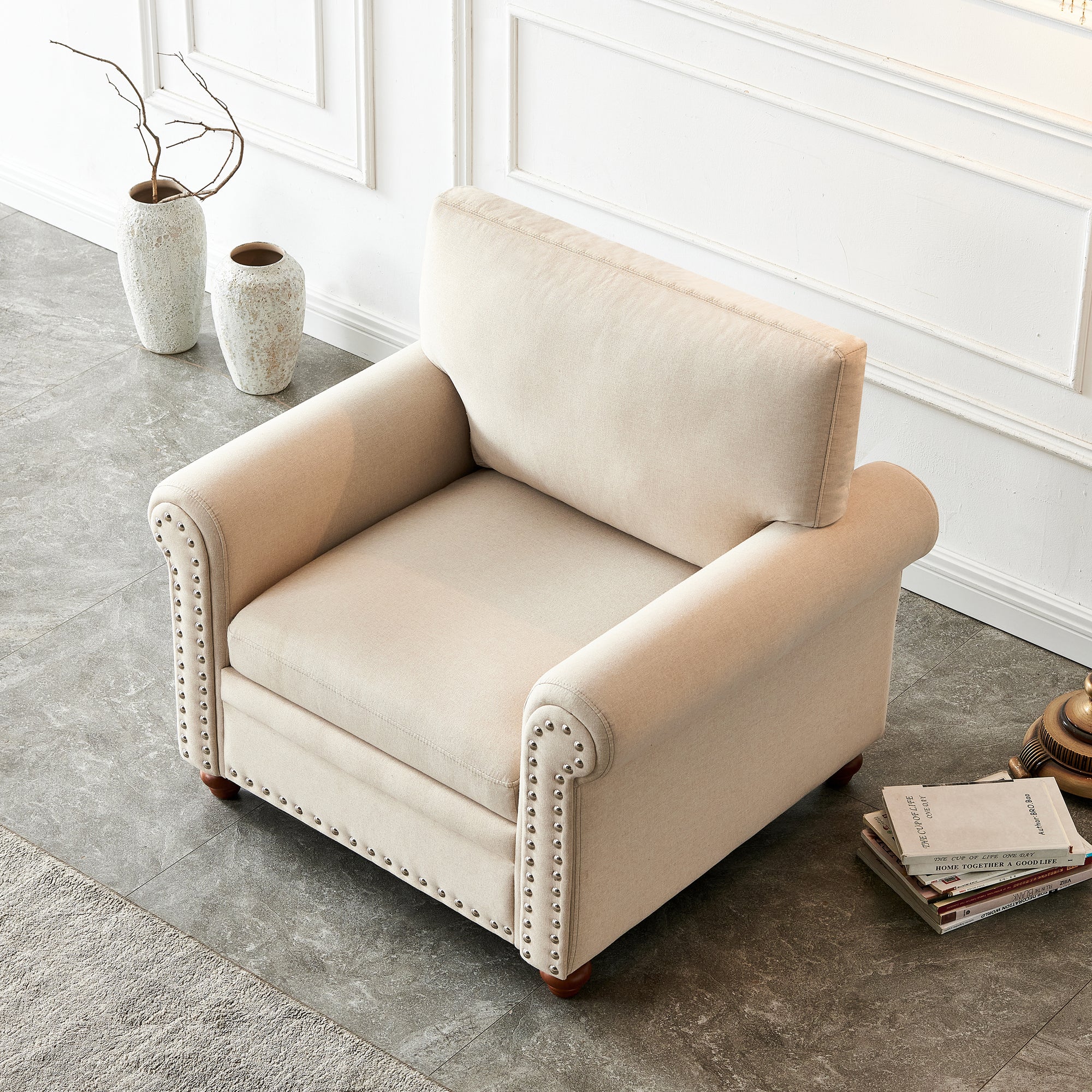 Beige Fabric Single Sofa Chair with Wooden Legs