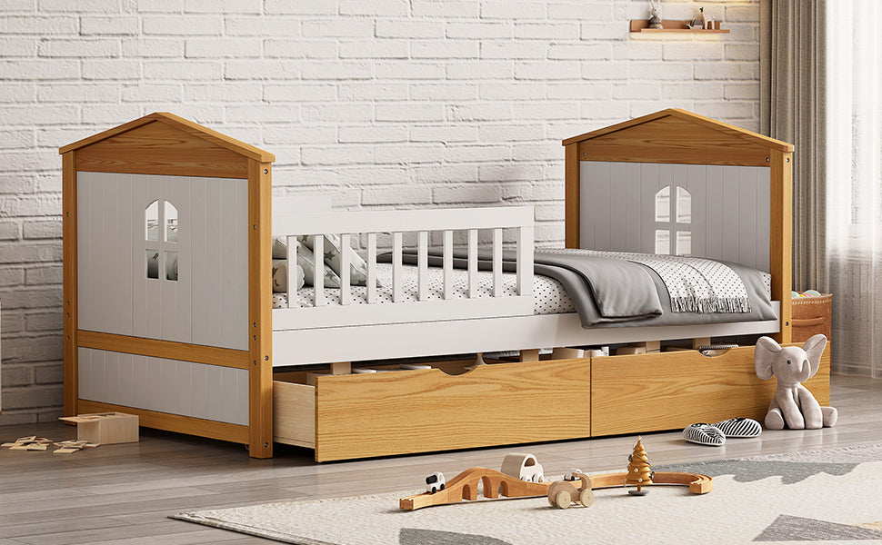 Twin Safety Bed For Toddlers with Fence Guardrails & Storage Drawers