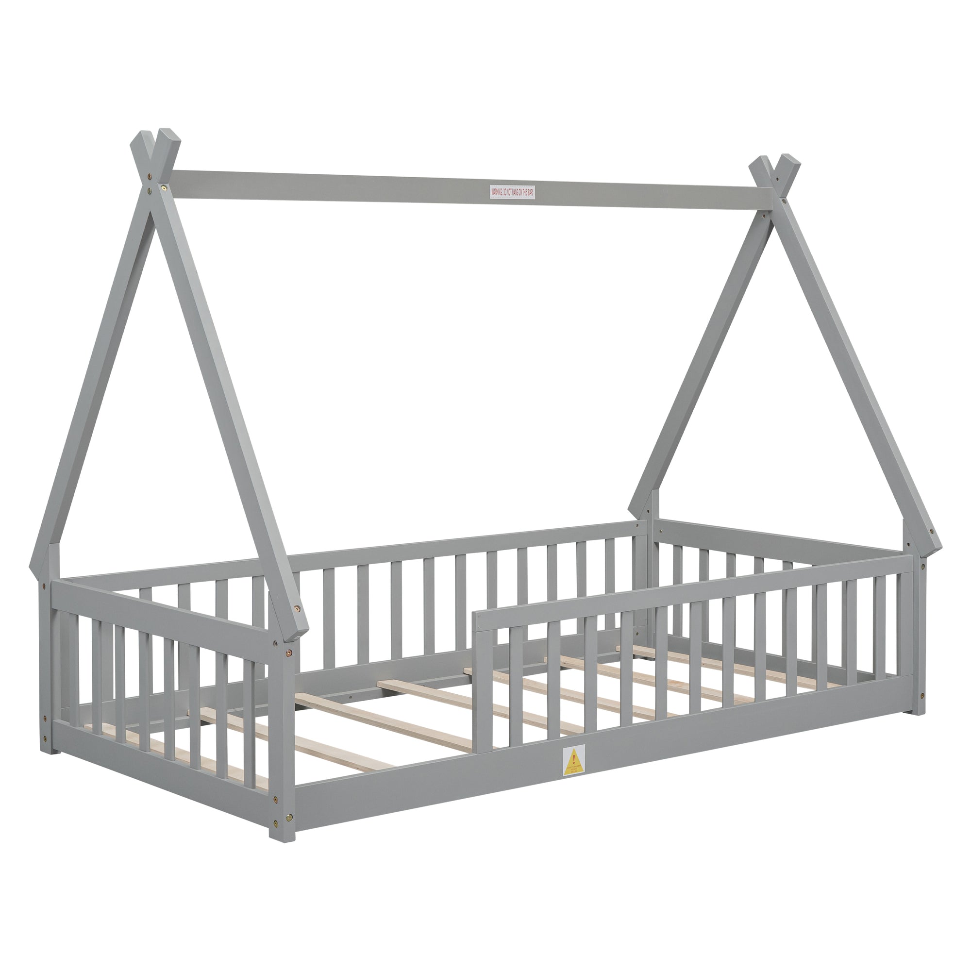 Gray Twin Tent-Shaped Teepee Toddler Floor Bed Frame with Guardrails