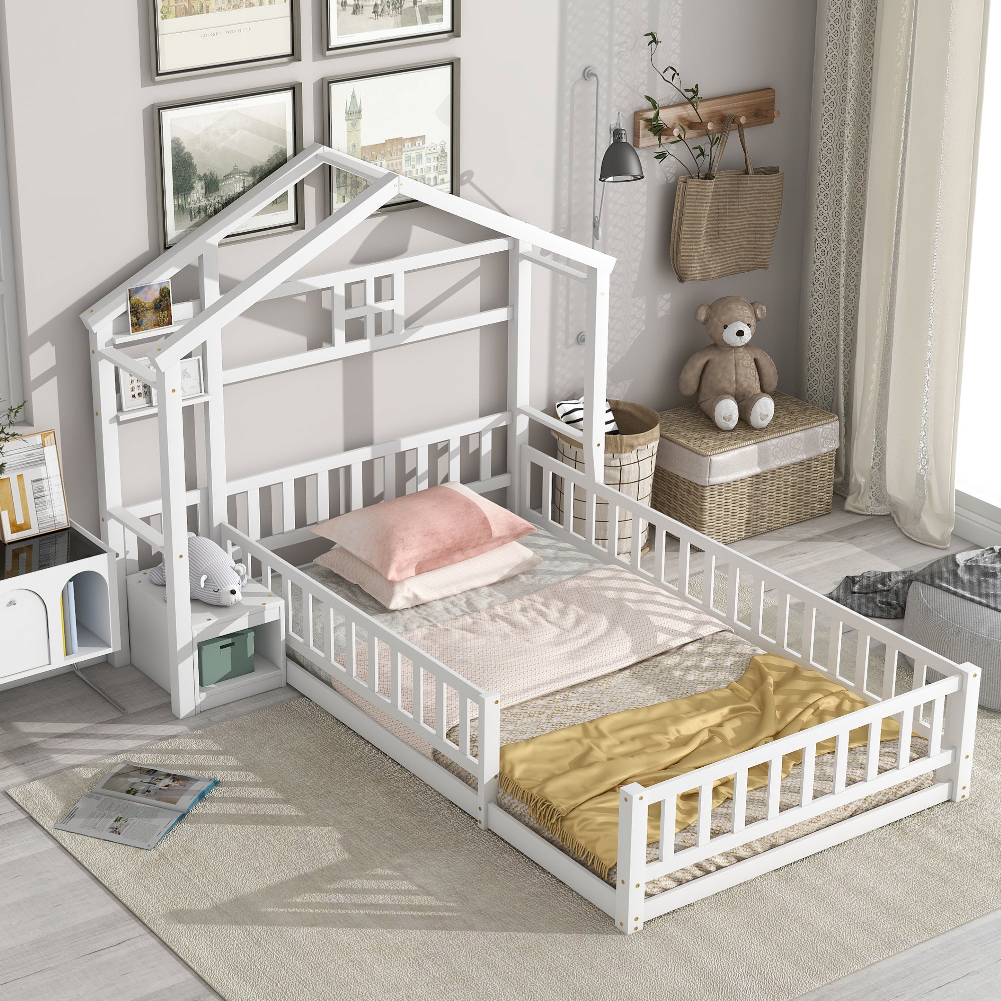 Twin Size House-Style Headboard Toddler Floor Bed with Guardrails and Stand