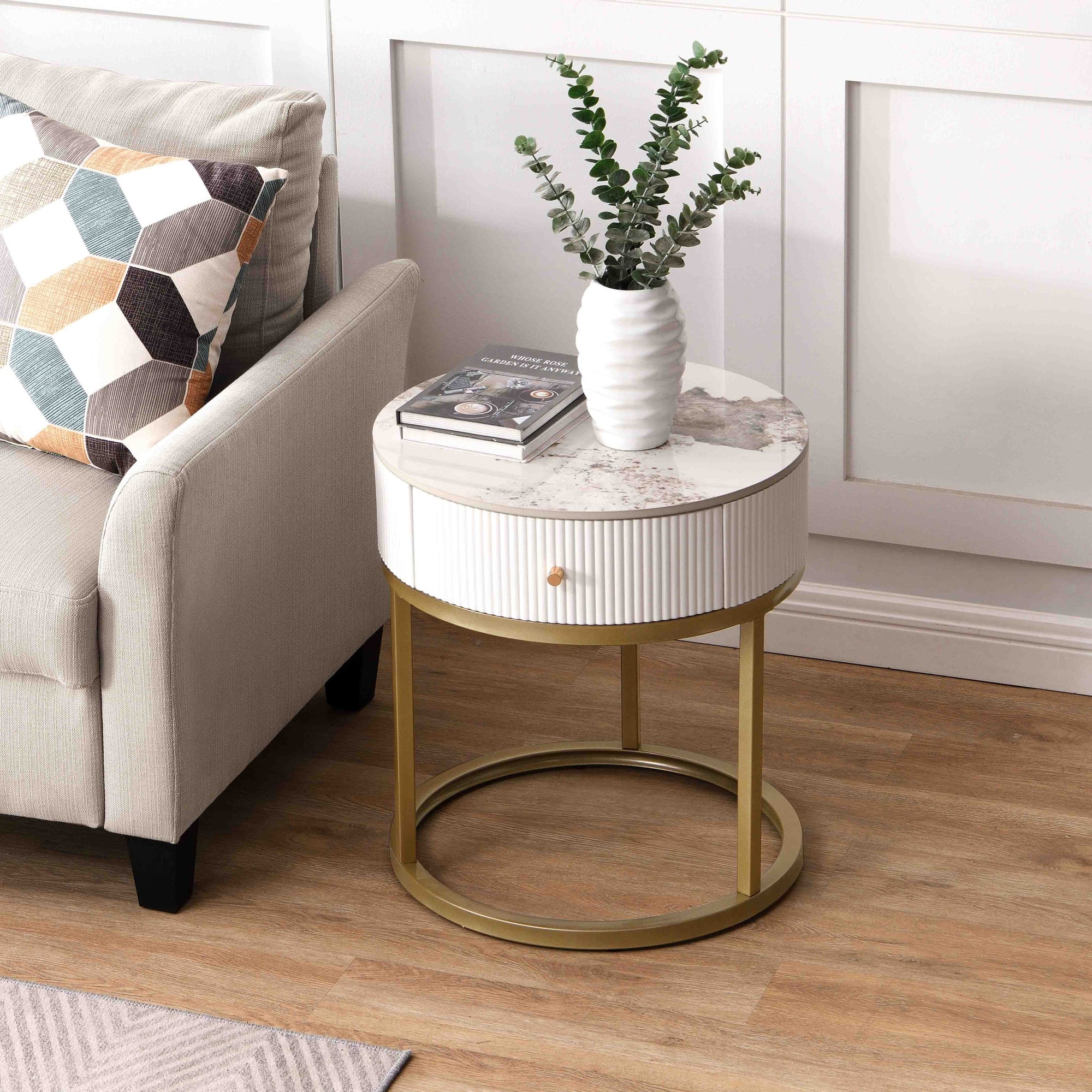 19.68 Inch Modern Nightstand with Drawer Marble Round End Table For Living Room and Bedroom In White