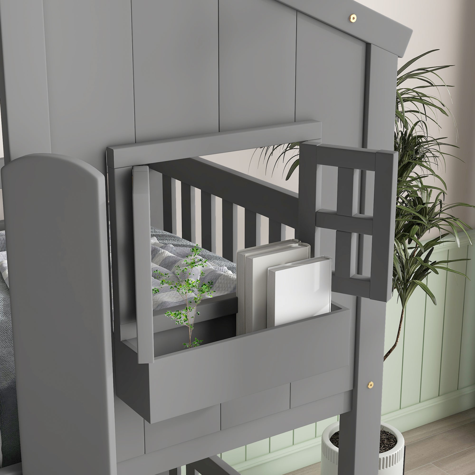 Gray Twin Over Twin House Bunk Bed with Roof, Windows, and Door