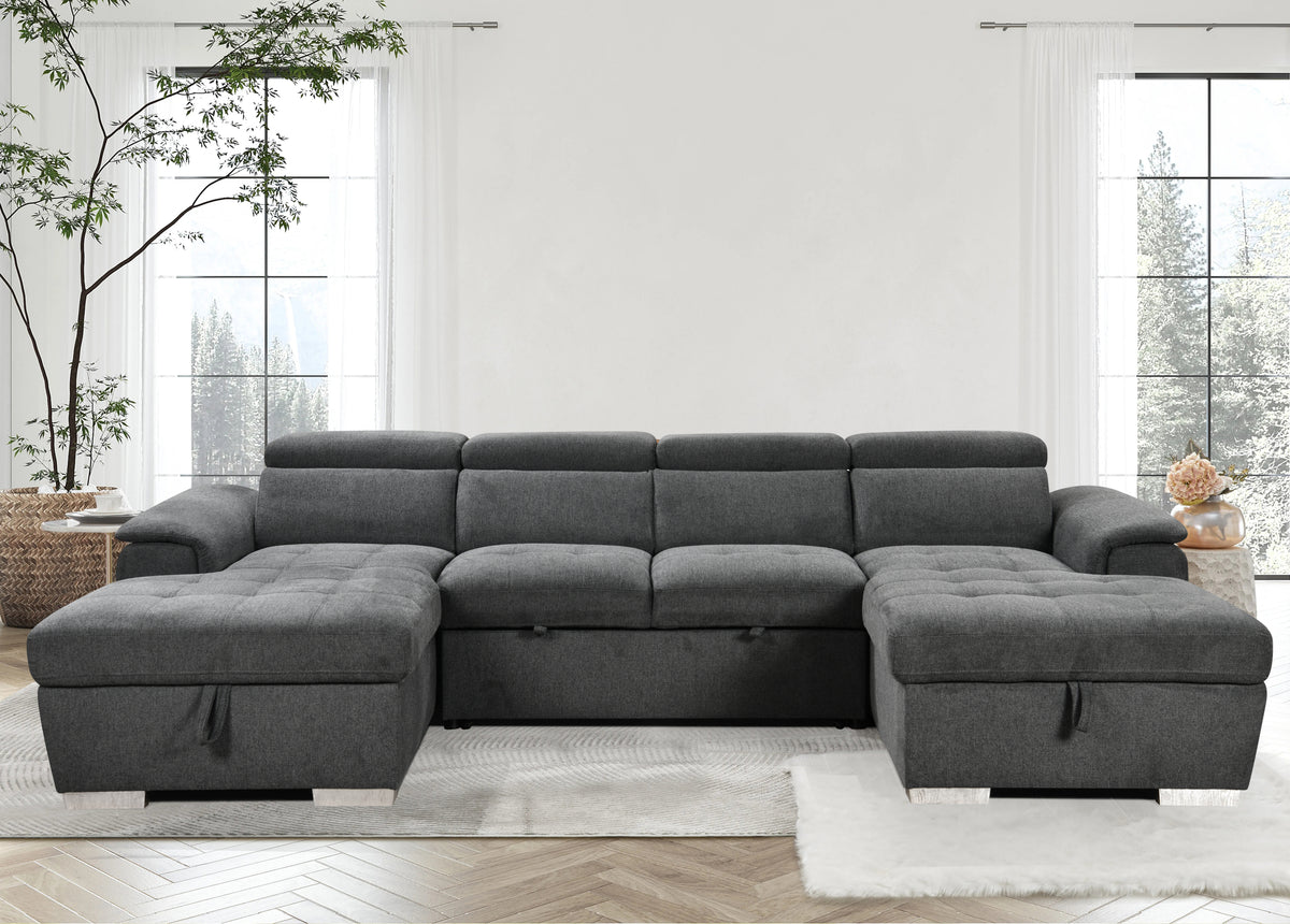 U Shaped Sleeper Sofa with Pull Out Bed and Storage In Dark Grey