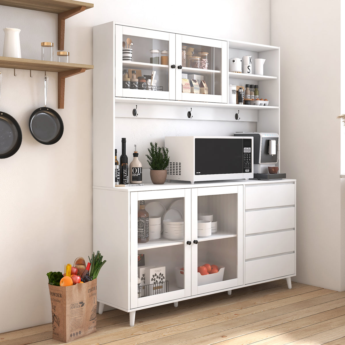 Large Kitchen Hutch Cabinet Freestanding Pantry Storage with 4 Doors 4 Drawers Microwave Shelf In White