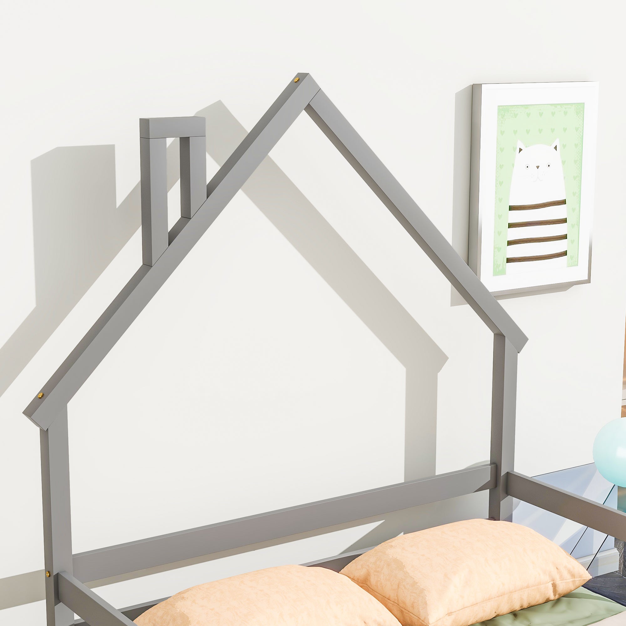 Gray Full House-Shaped Headboard Bed with Handrails and Slats