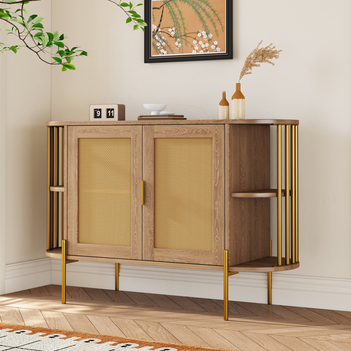 Elegant Curved 2-Door Dining Cabinet with Gold Trim and Woven Rattan Doors In Natural