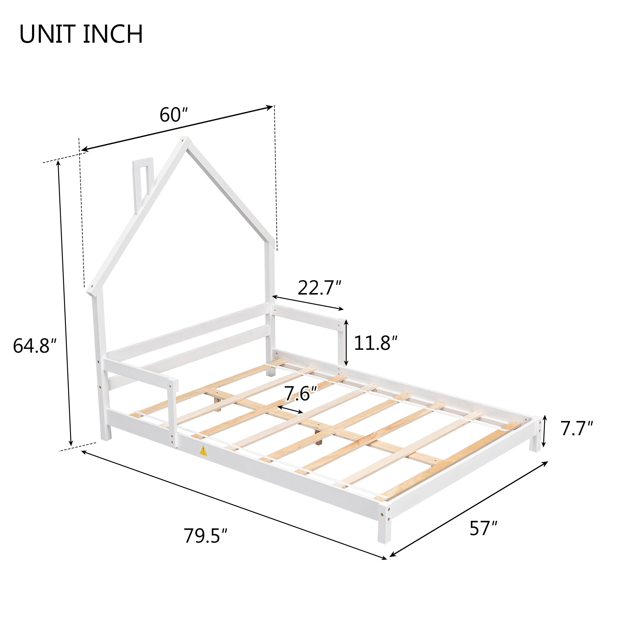 Full House-Shaped Headboard Bed with Handrails in White