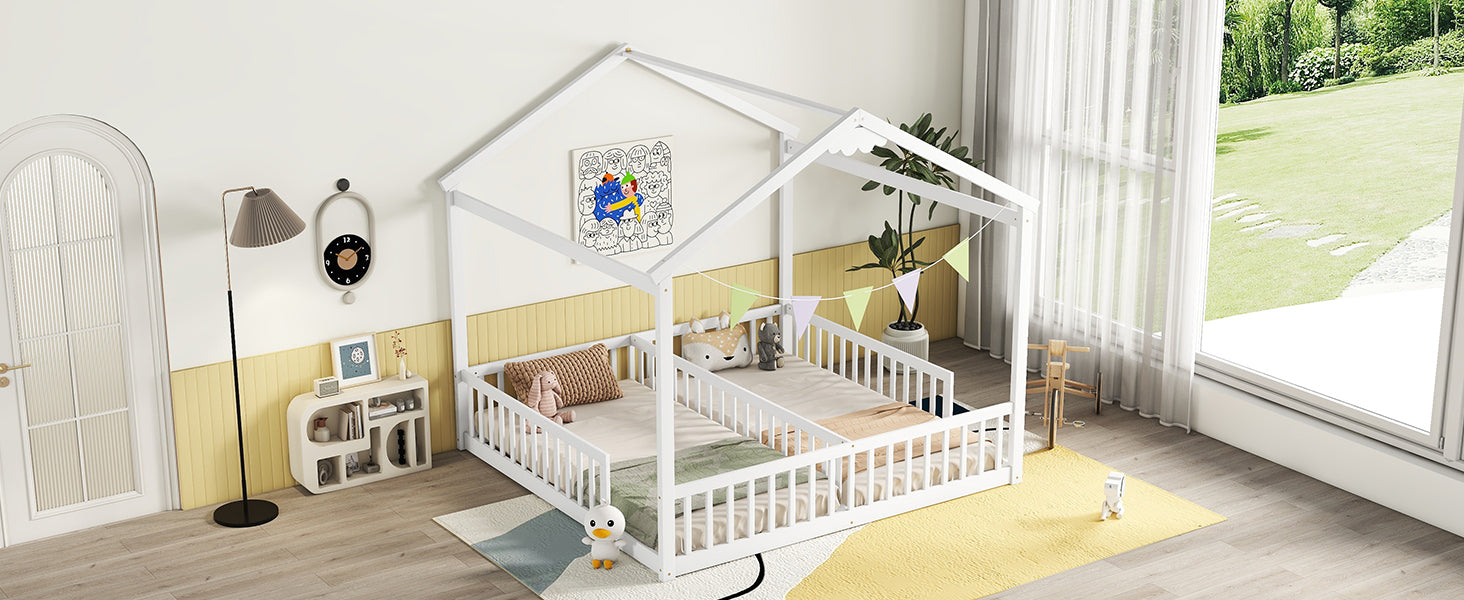 White Double Twin House-Style Toddler Floor Bed with Fence & Guardrails