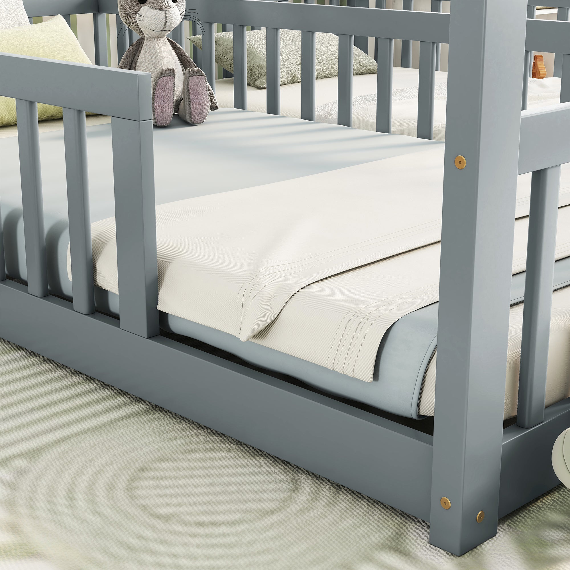 Gray Double Twin House-Style Toddler Floor Bed with Fence and Guardrails