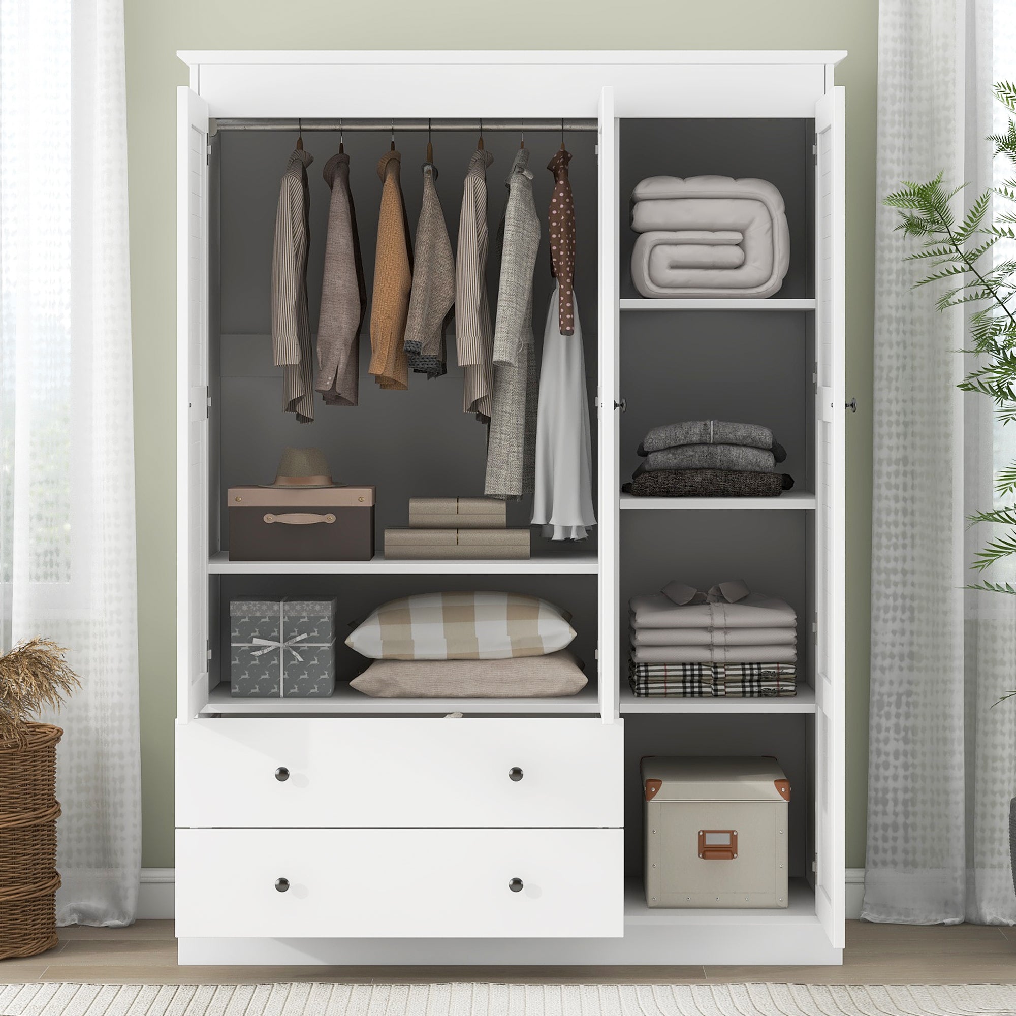 Spacious 3 Shutter Door Wardrobe Armoire Closet with 2 Drawers in White