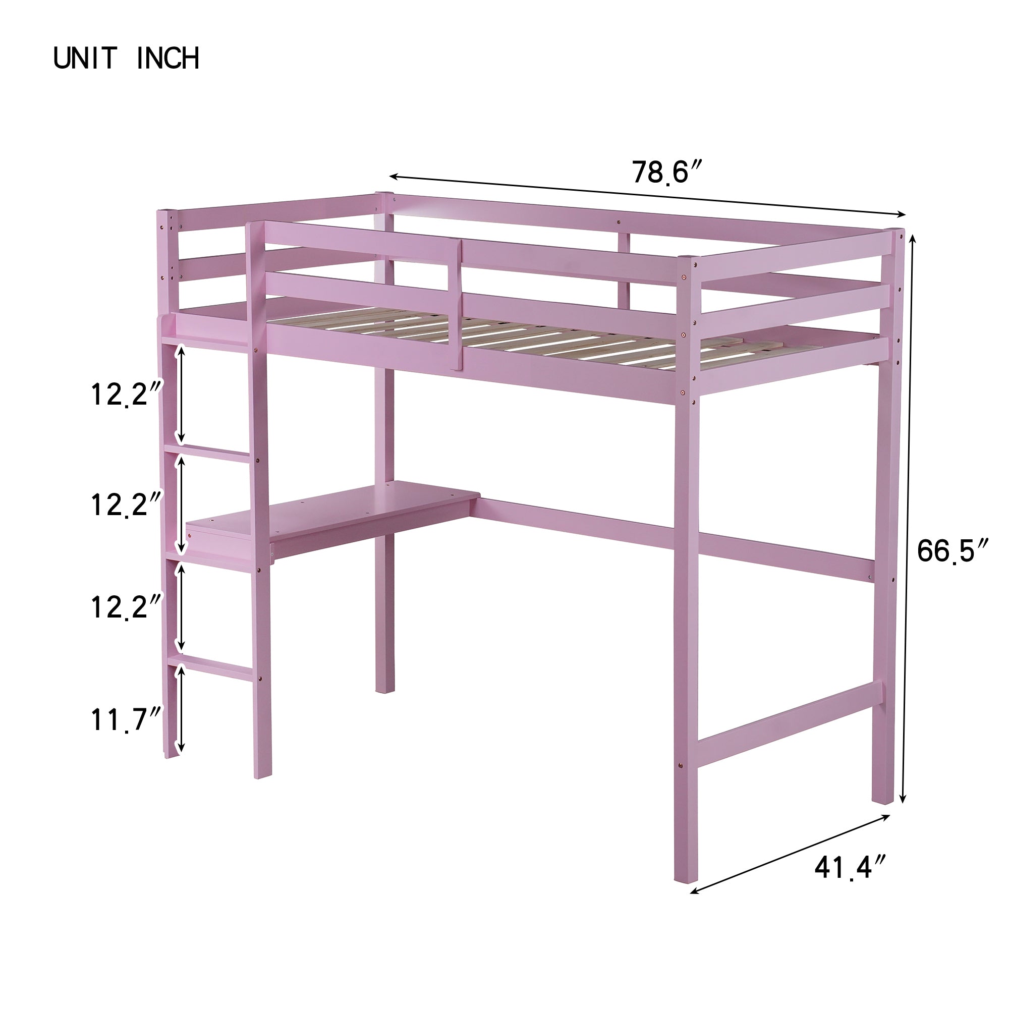 Pink Twin High Loft Bed with Built-in Desk, Rubber Wood Frame, and Safety Guardrail