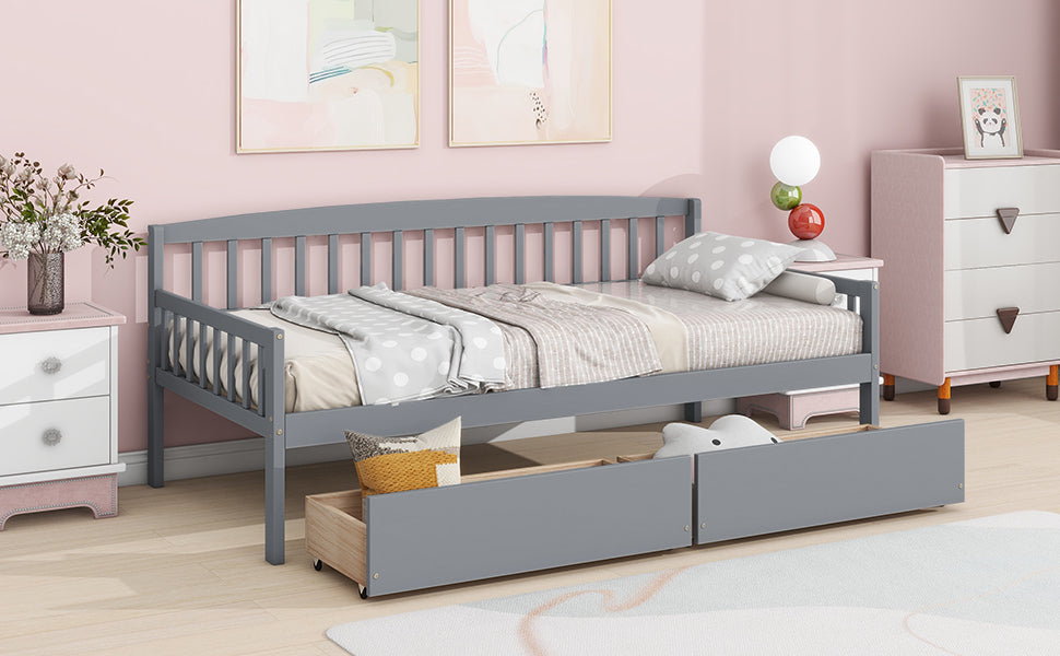 Gray Twin-Size Pine Wood Daybed with Storage Drawers, Sofa Bed Design