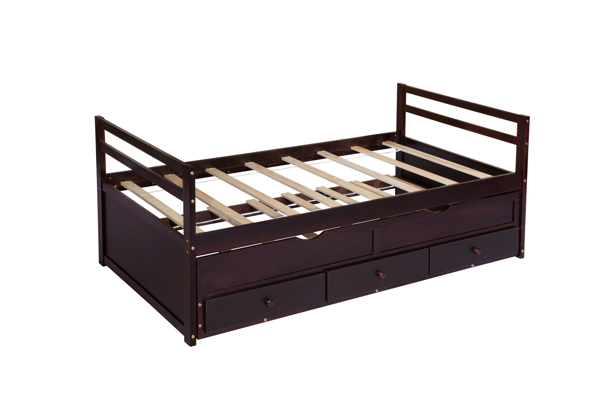 Espresso Pine Twin Size Bed with Headboard, Footboard, Trundle, and Three Storage Drawers