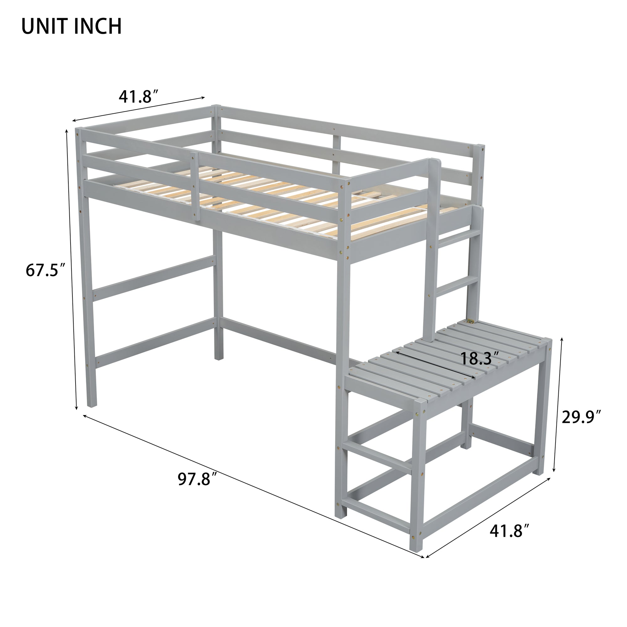 Gray Twin High Loft Bed with Ladder Landing Platform and Guardrails