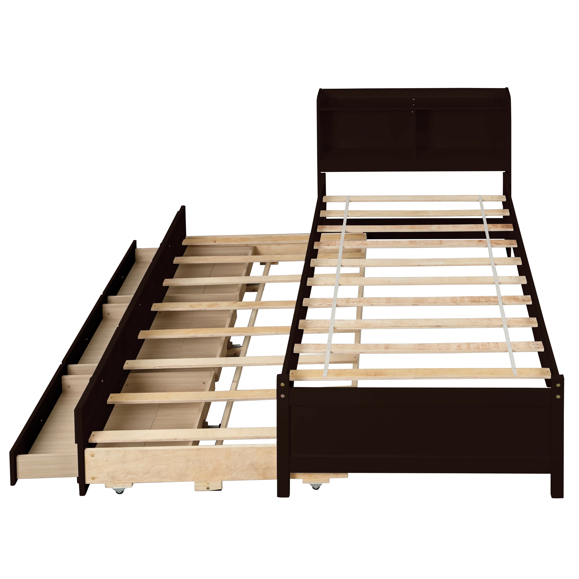 Twin Size Bed with Storage Integrated Headboard, Trundle & Drawers in Espresso