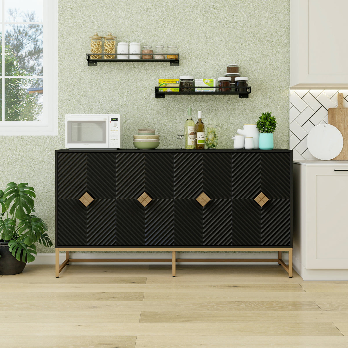 Carved 4 Door Sideboard Buffet Cabinet With Adjustable Shelf In Black