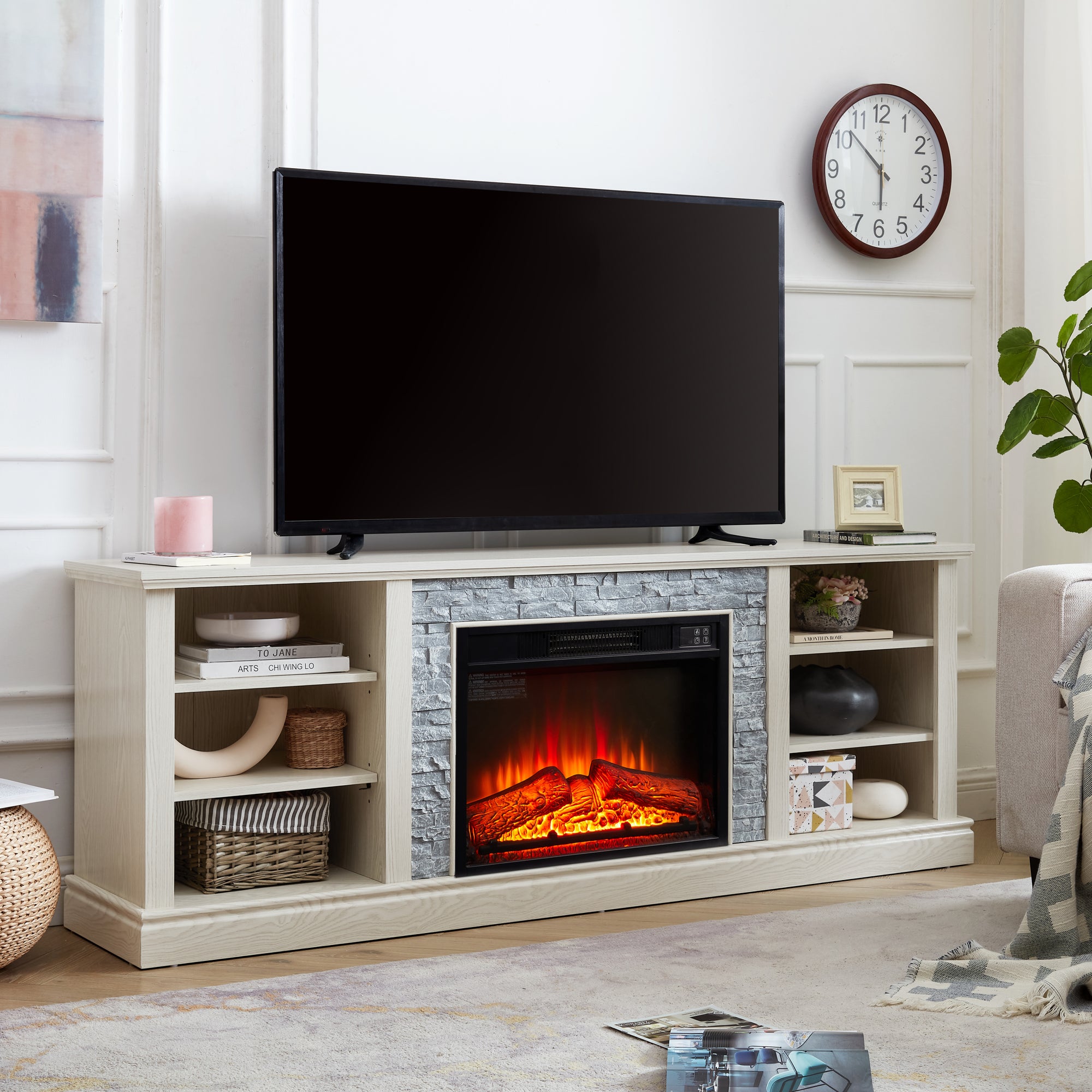 Large Faux Stacked Stone Media Console Table with Fireplace Insert and Ample Storage In White