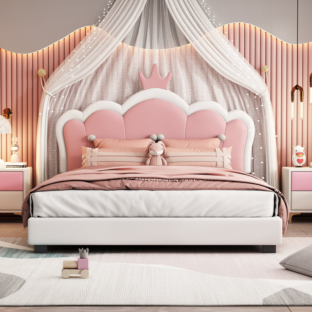 Full Size Upholstered Princess Bed With Crown Headboard Platform Design For Enhanced Stability In White Pink