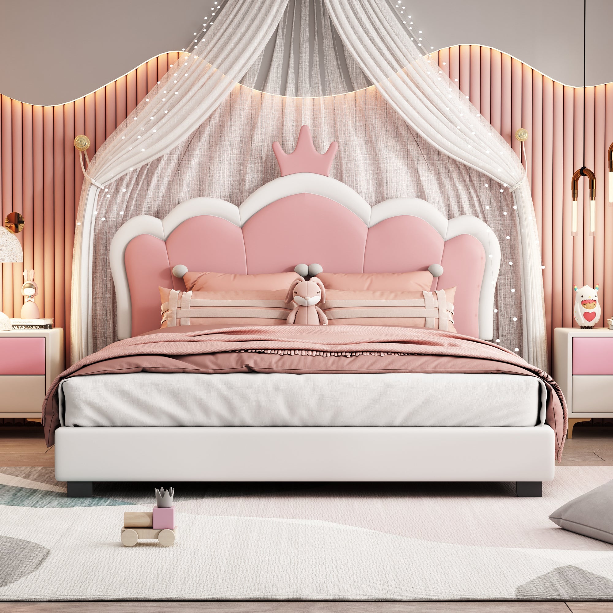 Full Size Upholstered Princess Bed With Crown Headboard Platform Design For Enhanced Stability In White Pink