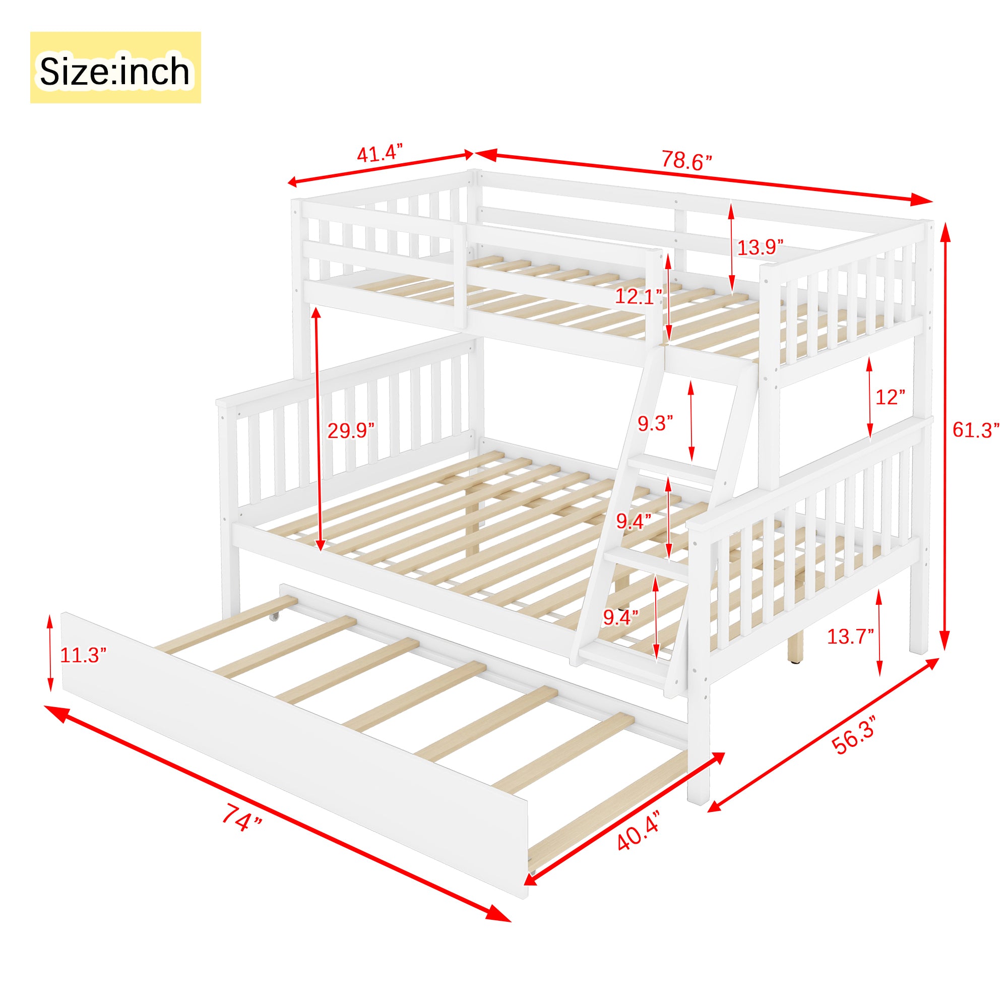 White Twin Over Full Rubber Wood Bunk Bed with Trundle, Detachable Ladder, and Guardrails