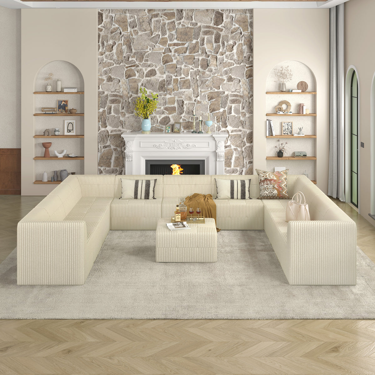 U Shape Modular Sectional Sofa with Plush Terrycloth Fabric and Versatile Design for Comfortable Living Spaces In Beige