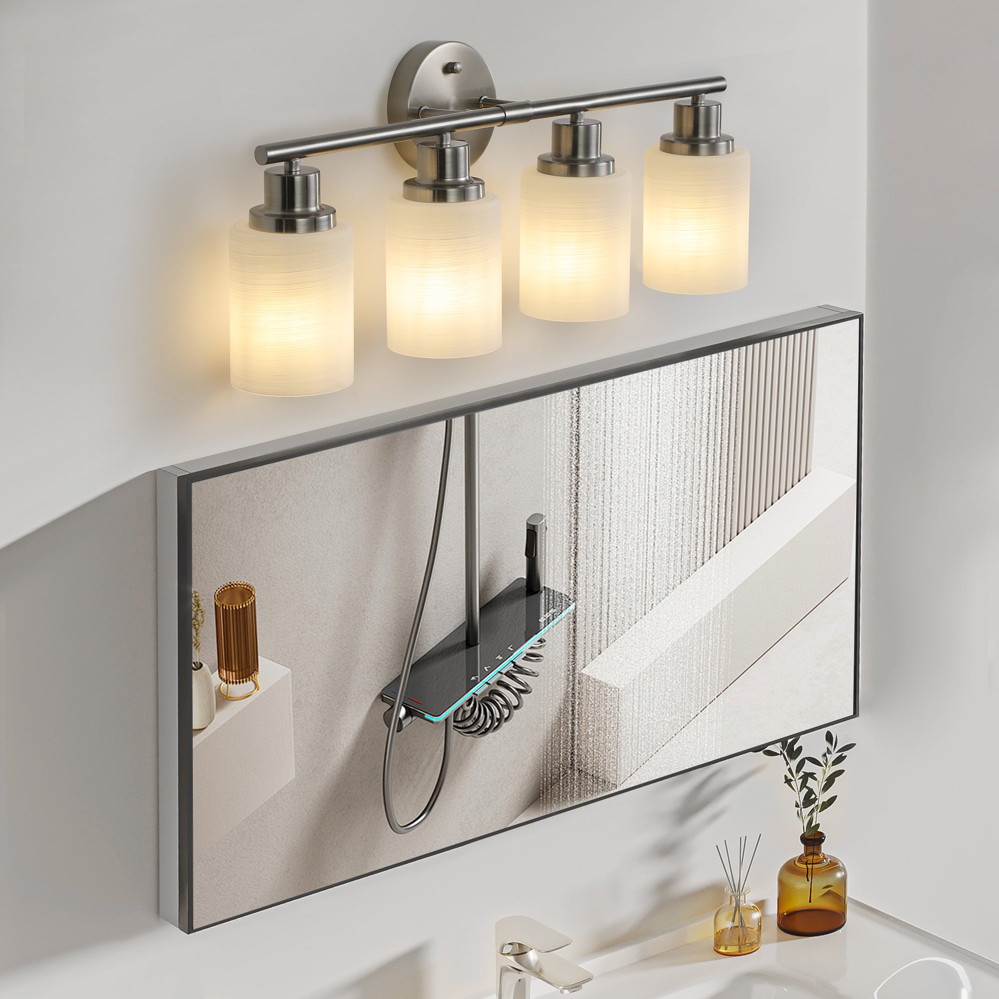 4-Light Vanity Light In Brushed Nickel Finish with Frosted Glass Shades