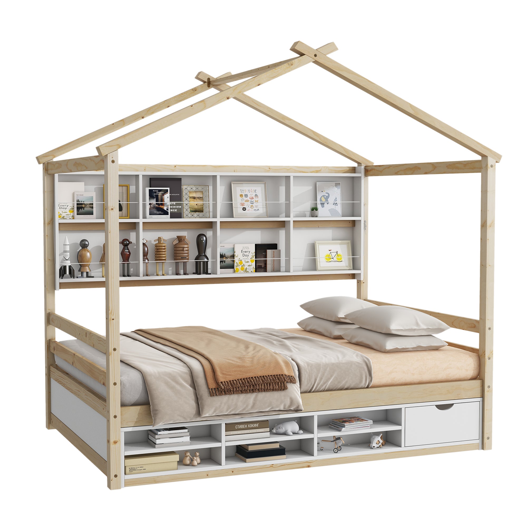 Full Size Bed with Roof, Bedside Shelves, and Under Bed Storage