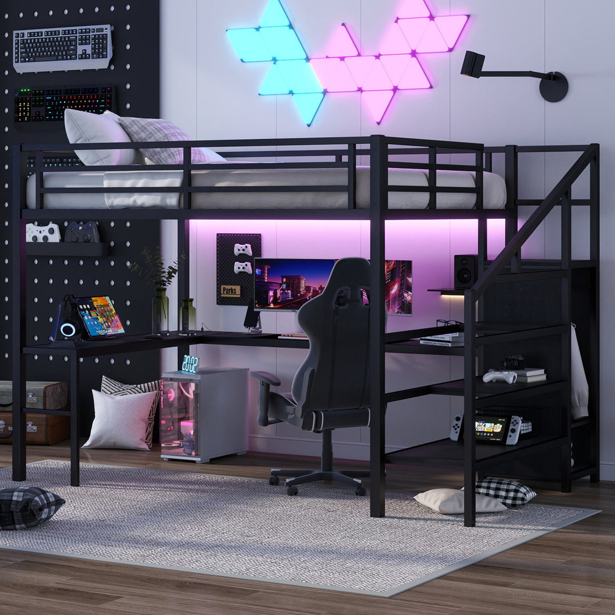 Metal Queen Loft Bed with L-shaped Desk, Wardrobe, Adjustable Shelf, LED &amp; USB