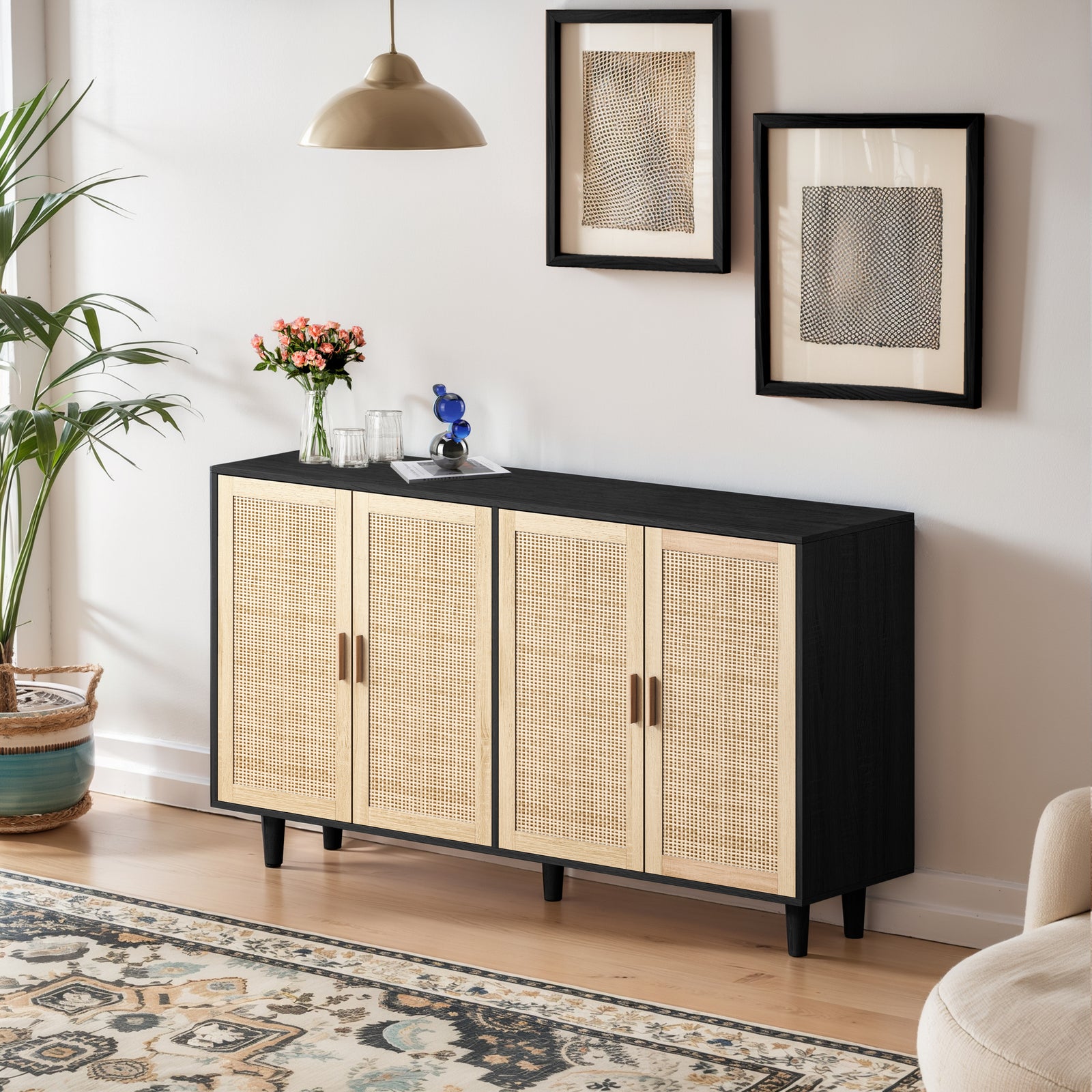 62" Elegant Rattan Storage Cabinet with Dark Accents