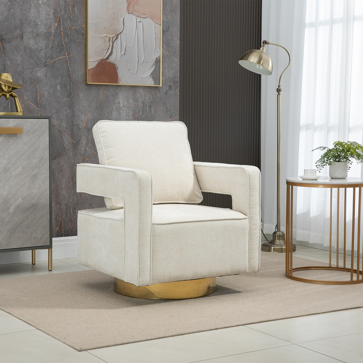 Open Back Beige Chenille Swivel Accent Chair With Gold Stainless Steel Base