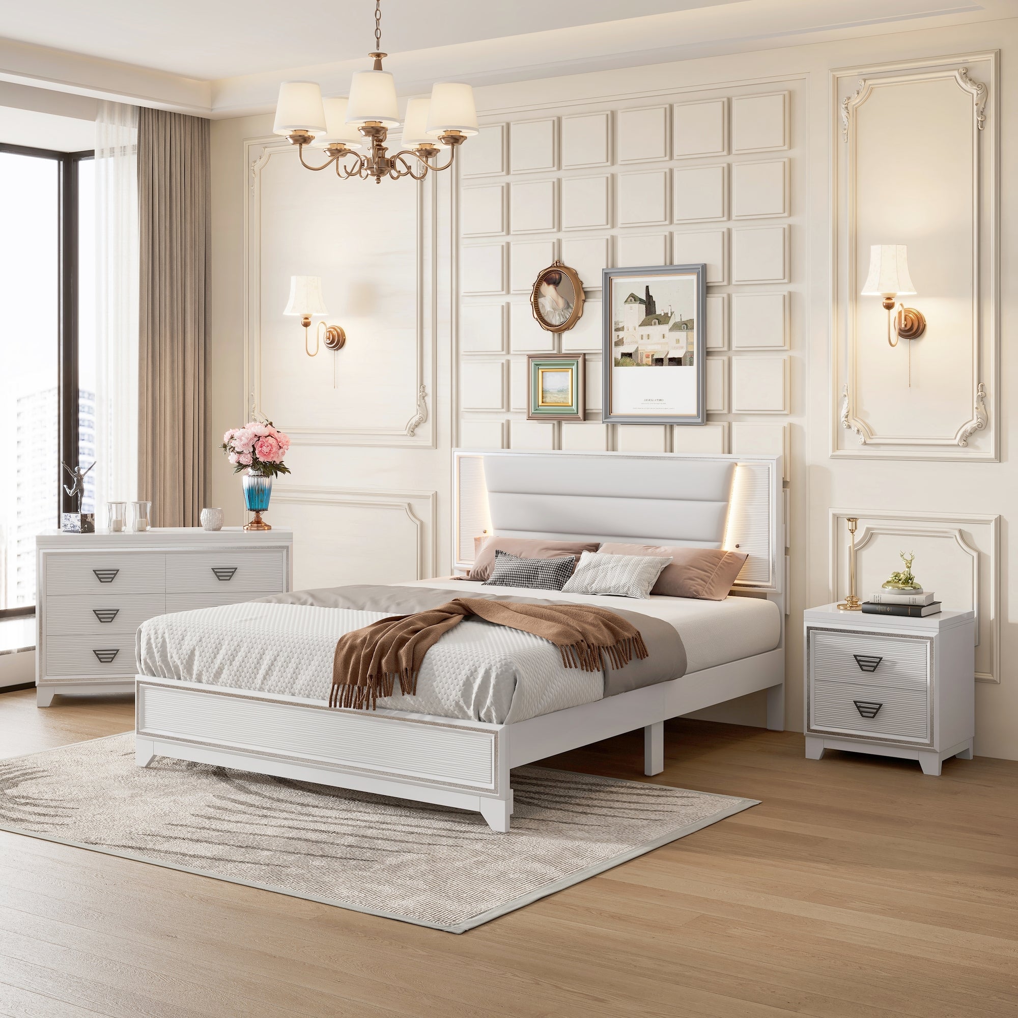 3-Pieces Bedroom Sets Queen Size Upholstered Bed with LED Lights Nightstands and Dresser with Metal Handles In White