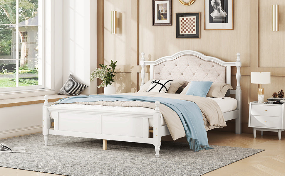 Queen Pine Wooden Bed with Upholstered Headboard and Panel Footboard In White