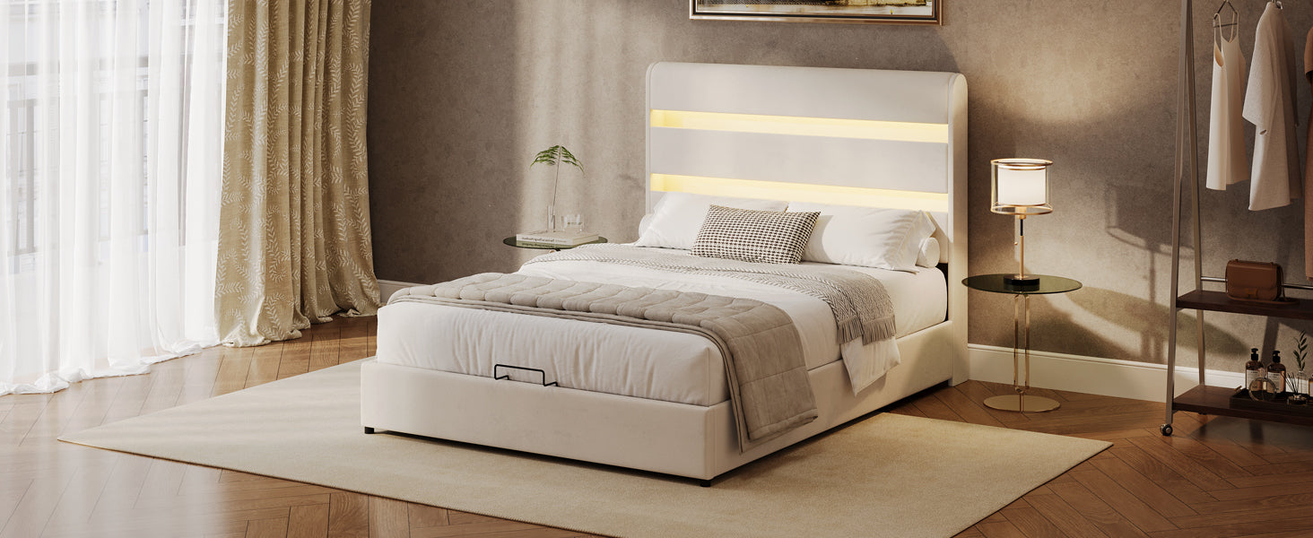 King Size Hydraulic Beige Velvet Upholstered Bed With Storage and LED Lighting