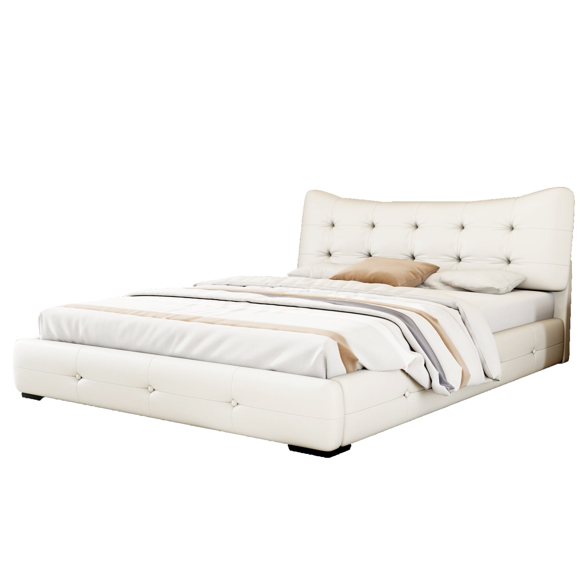 Cream Queen PU Leather Upholstered Bed with Wingback Headboard