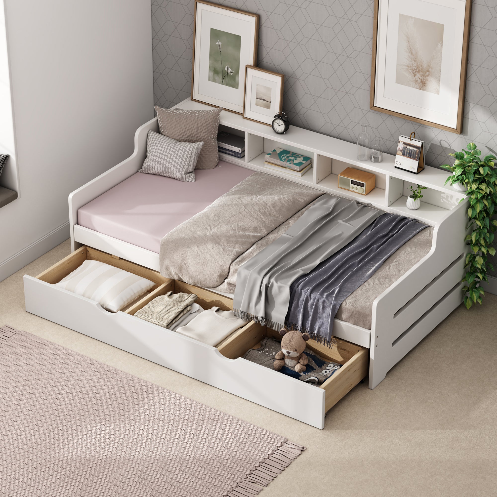 White Twin Daybed with Trundle and Storage Shelves