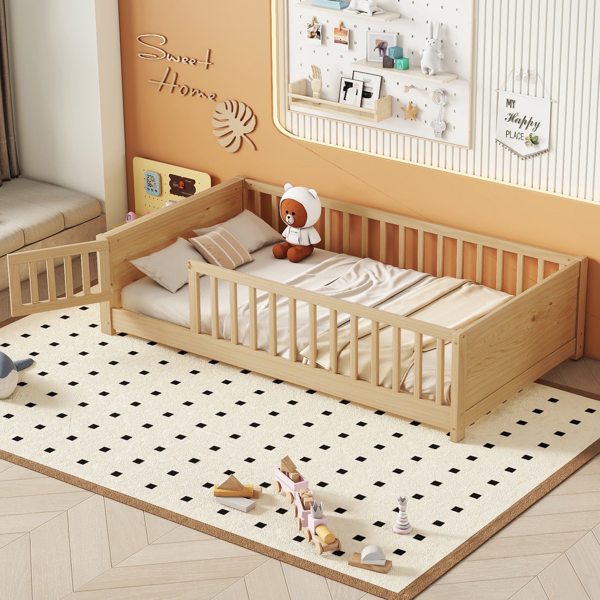 Natural Finish Twin Size Toddler Floor Platform Bed with Built-in Book Storage Rack and Door