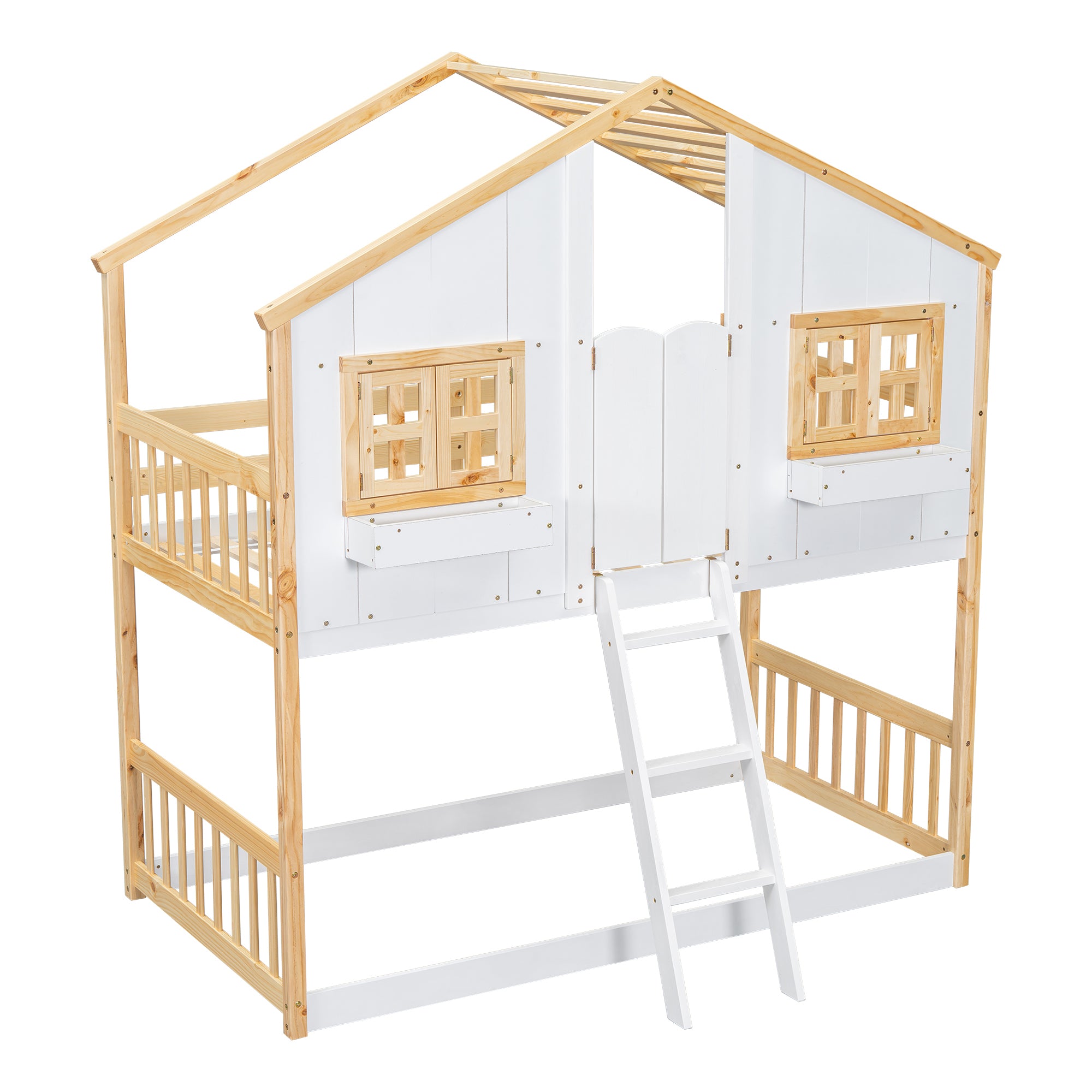 Twin Over Twin House Bunk Bed with Roof, Window, and Door in Natural and White Tones