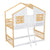 Twin Over Twin House Bunk Bed with Roof, Window, and Door in Natural and White Tones