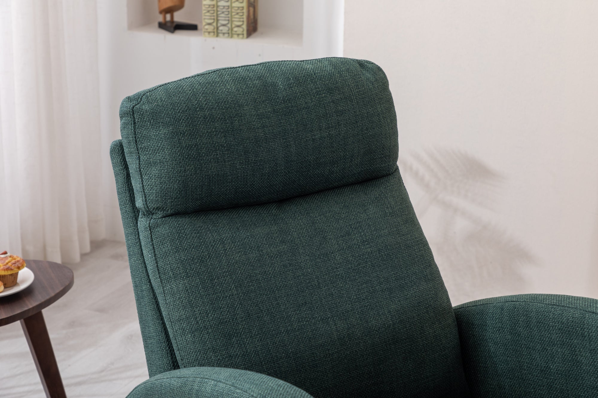 Modern Glider Rocking Chair with Side Pocket and High Back in Emerald Linen