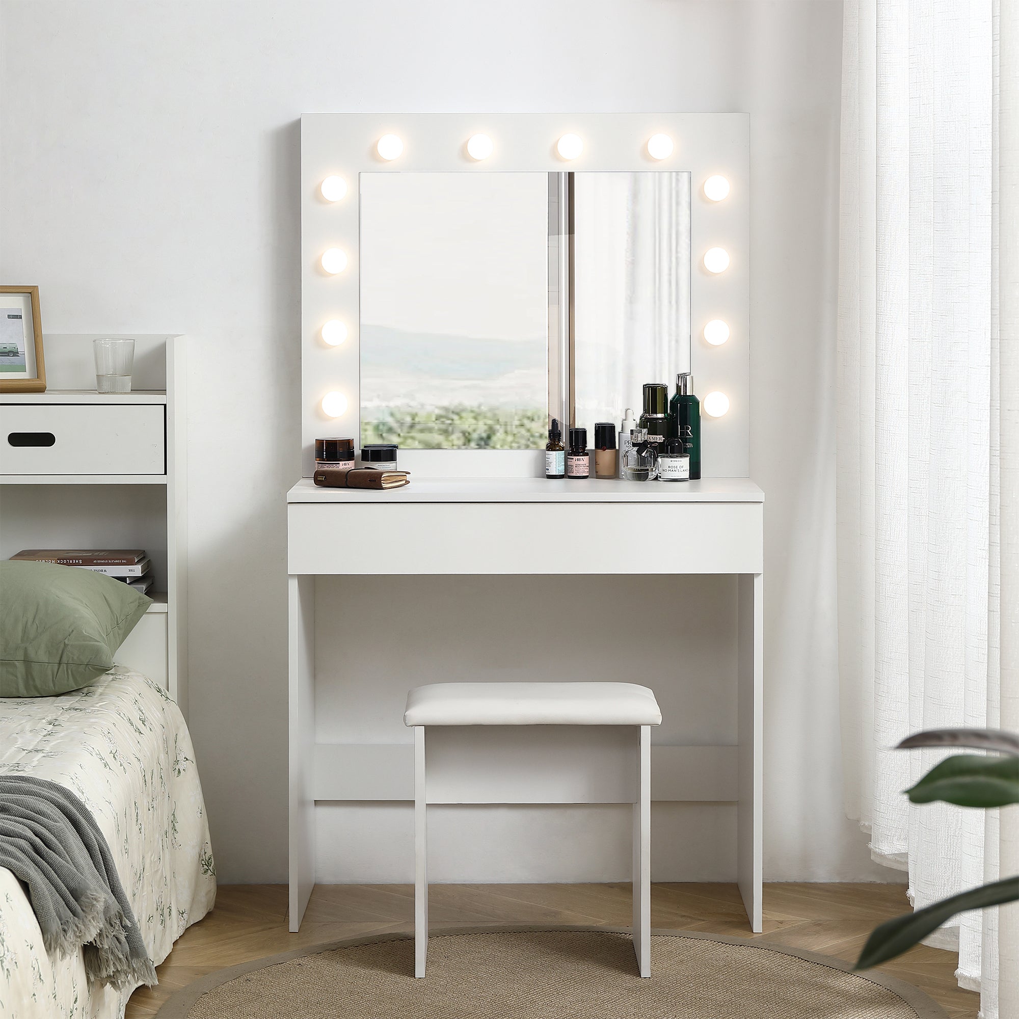 Vanity Table With Large Lighted Mirror And Drawer In White