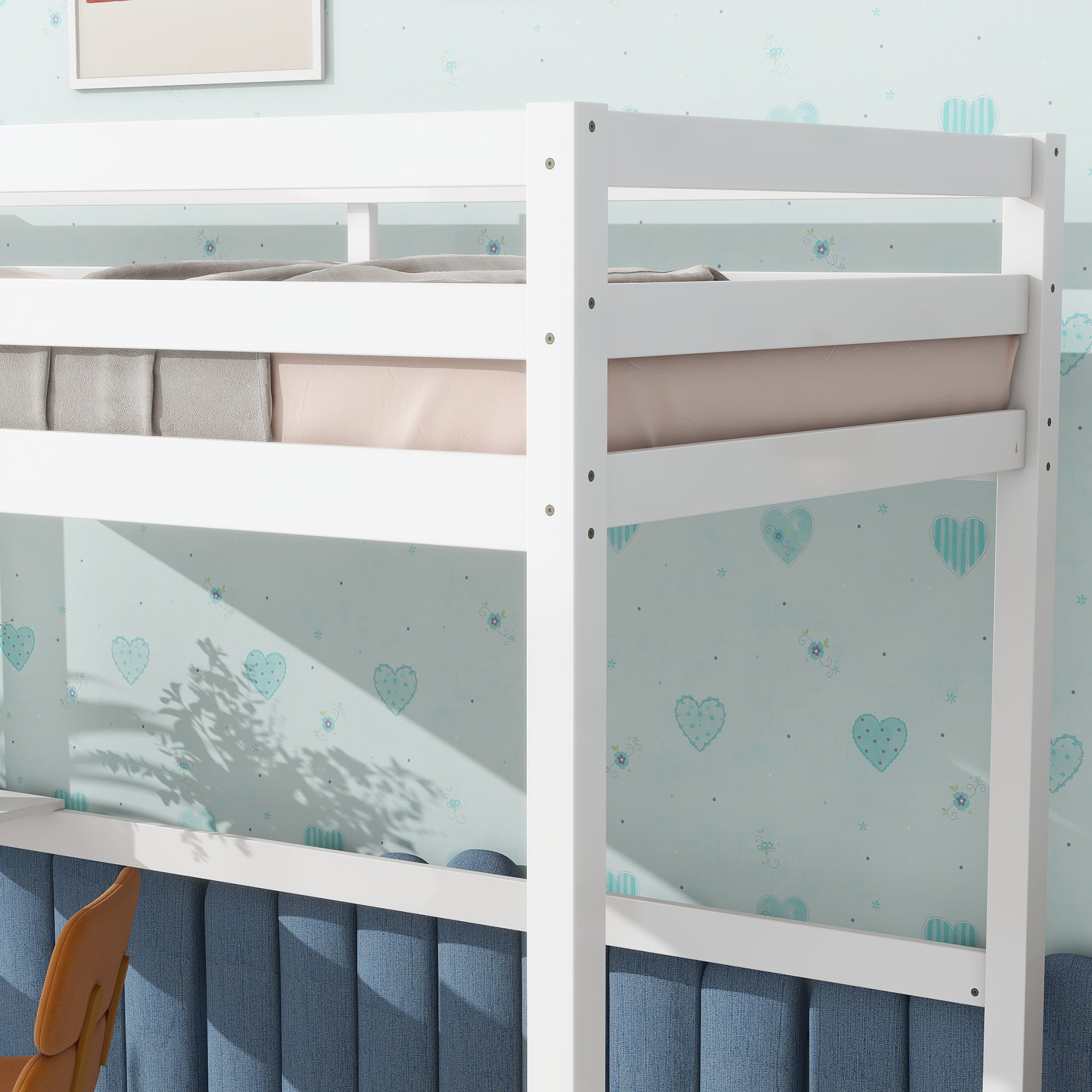 White Twin High Loft Bed For Kids with Built-in Desk in Rubber Wood Construction