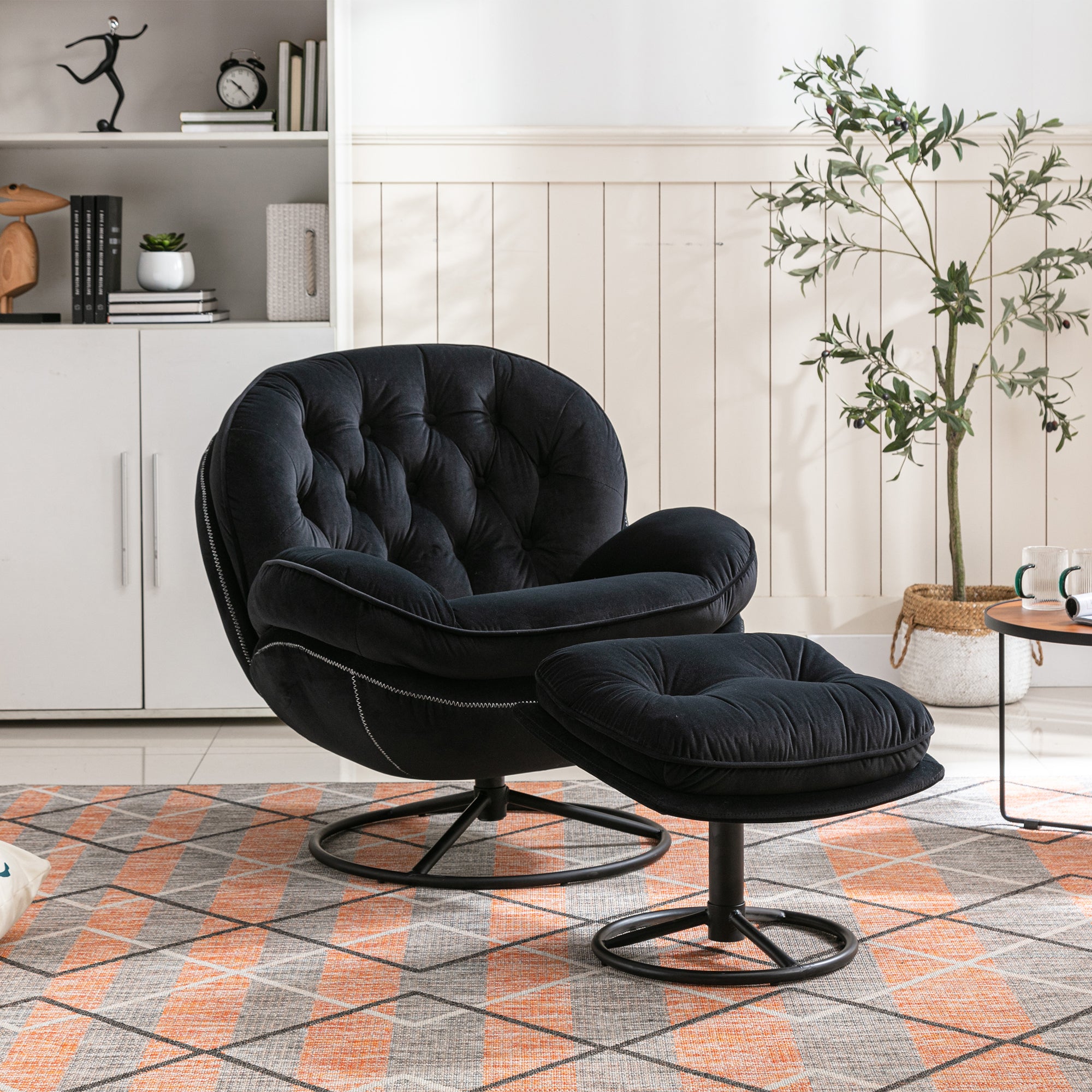 Black Upholstered Velvet Chair and Ottoman Set